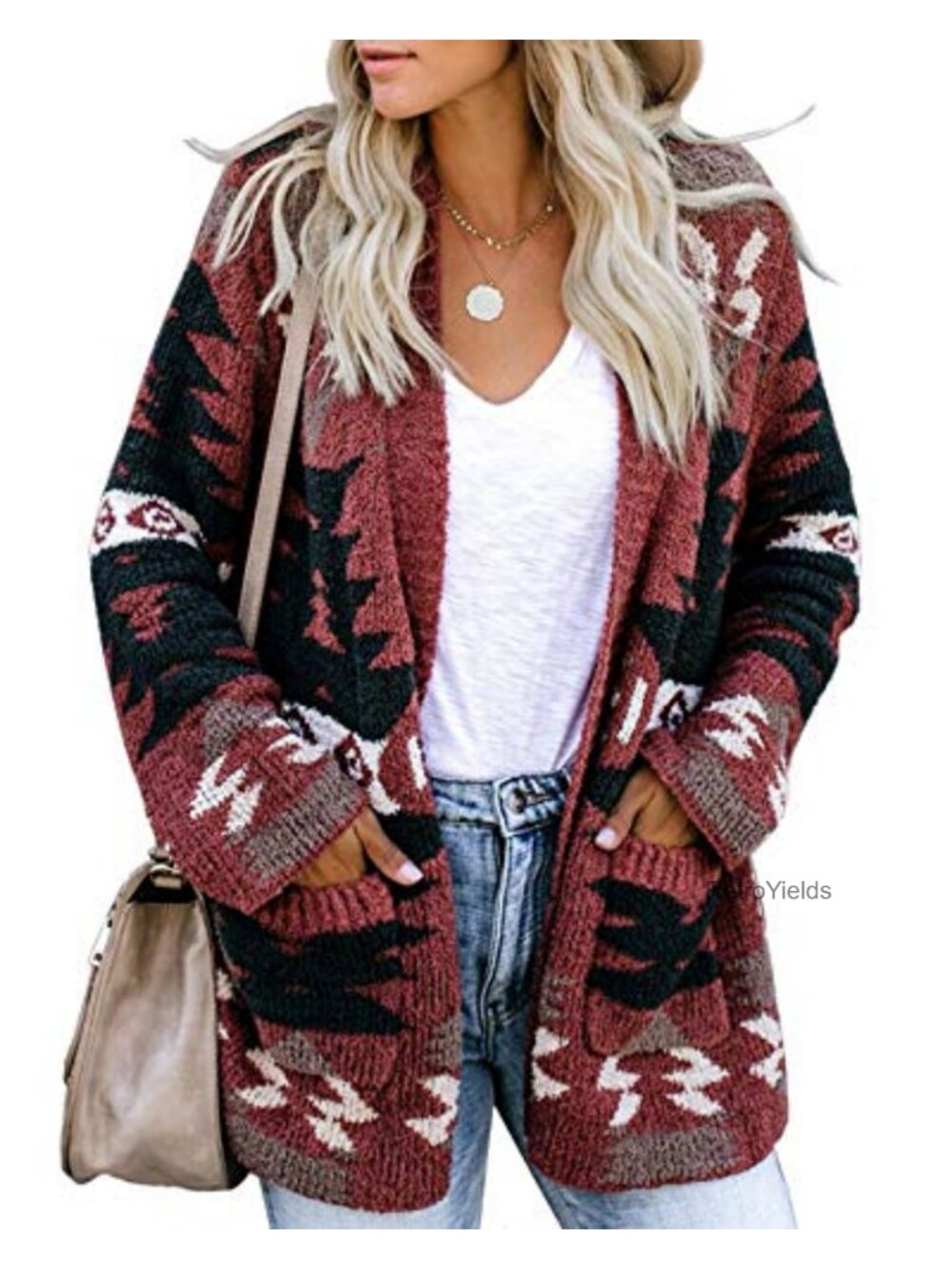 Boho Aztec Open Front Cardigan Long Sleeve Knitted Sweater Coat